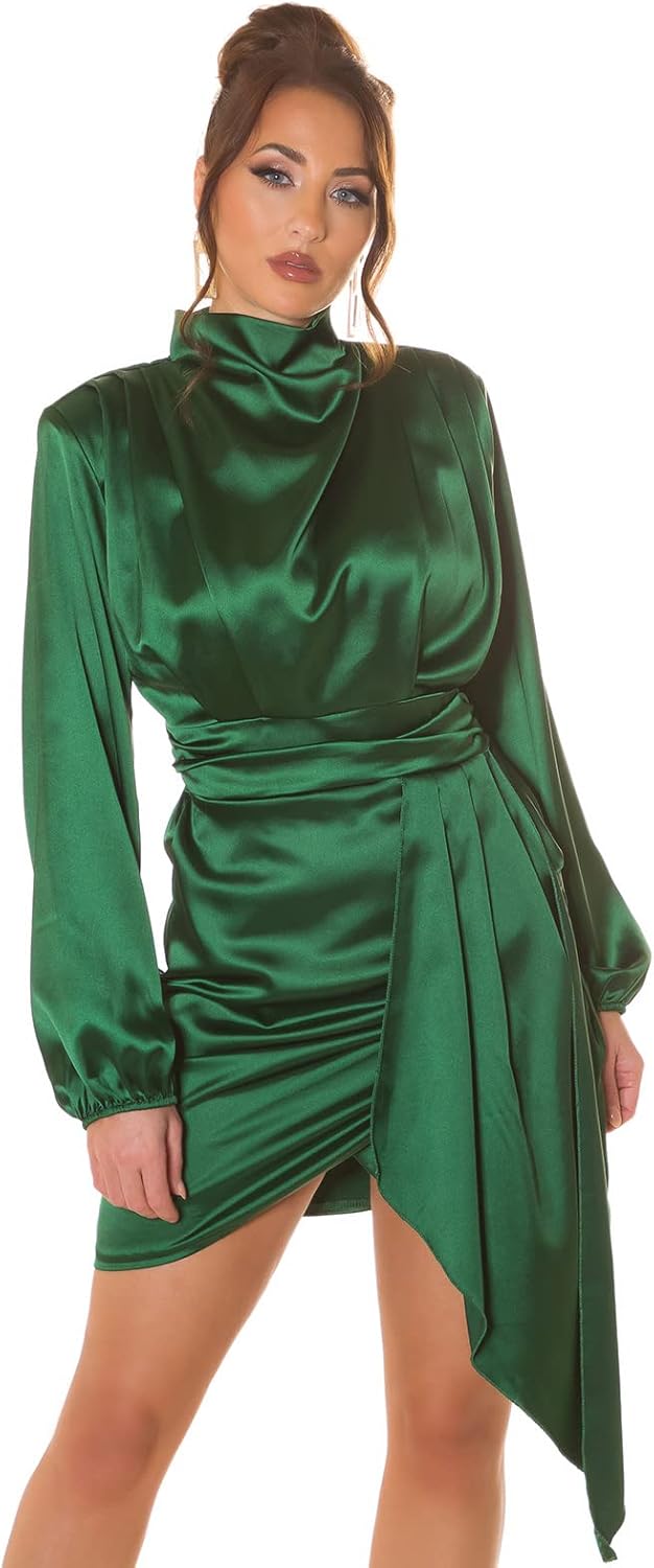 Koucla Damen Satin Minikleid Langarm Kleid Abendkleid mit Stehkragen Einheitsgrösse Grün, Einheitsgr