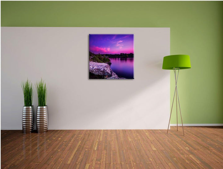 Lila Seelandschaft, Format: 70x70 auf Leinwand, XXL riesige Bilder fertig gerahmt mit Keilrahmen, Ku