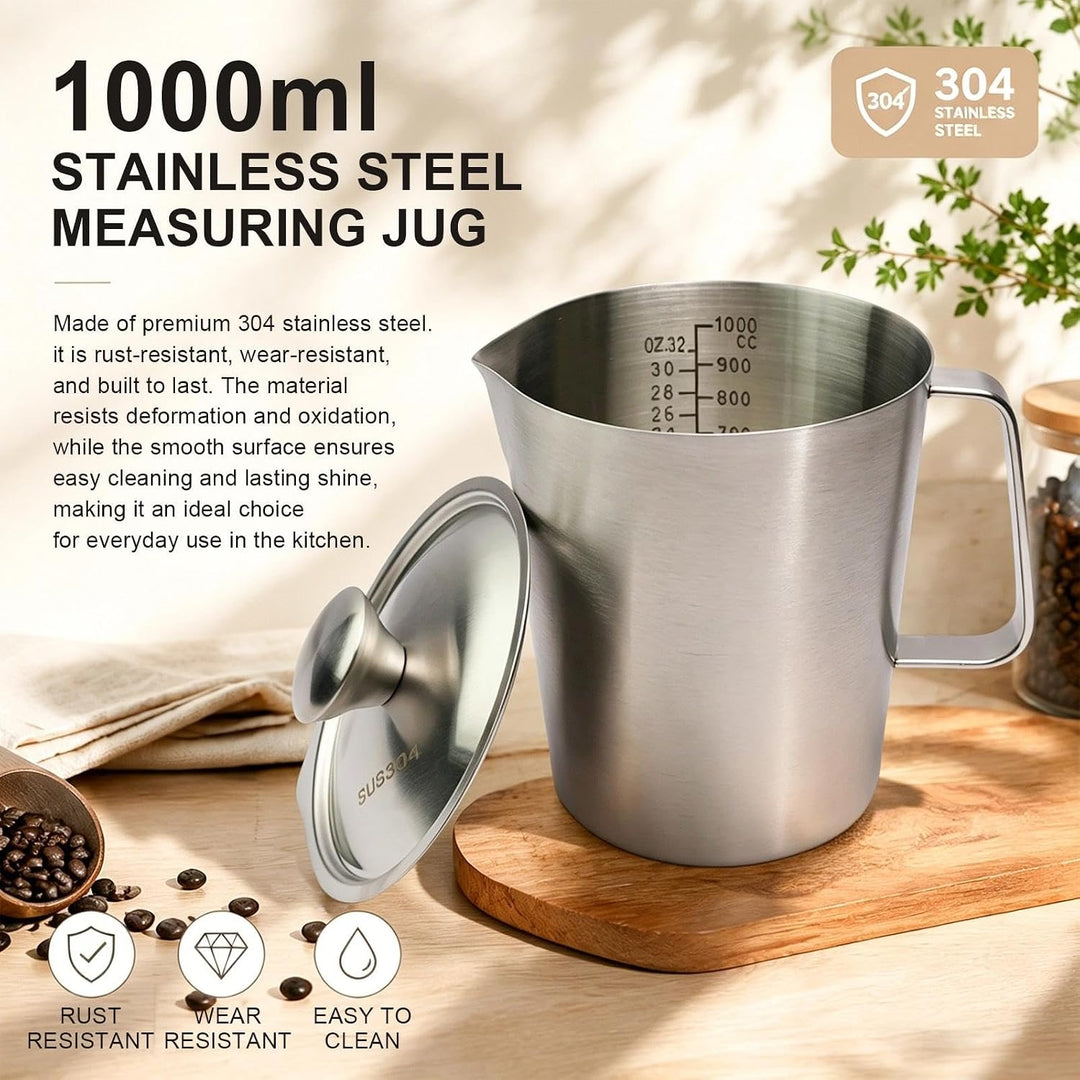 TIANLIN Milchkanne 1000CC(ml), Milchschaum Kanne mit Griff, Milchkännchen Edelstahl mit Deckel, Milc