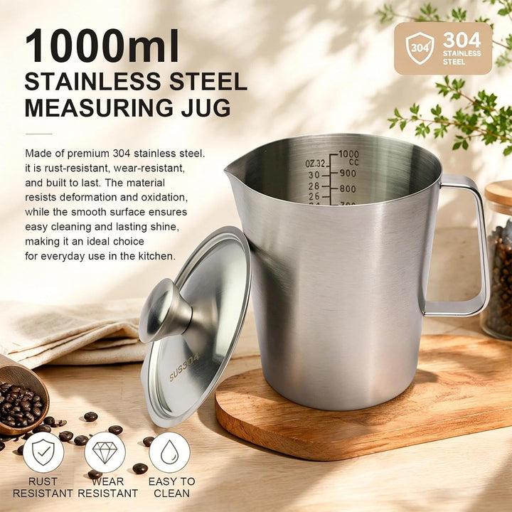 TIANLIN Milchkanne 1000CC(ml), Milchschaum Kanne mit Griff, Milchkännchen Edelstahl mit Deckel, Milc