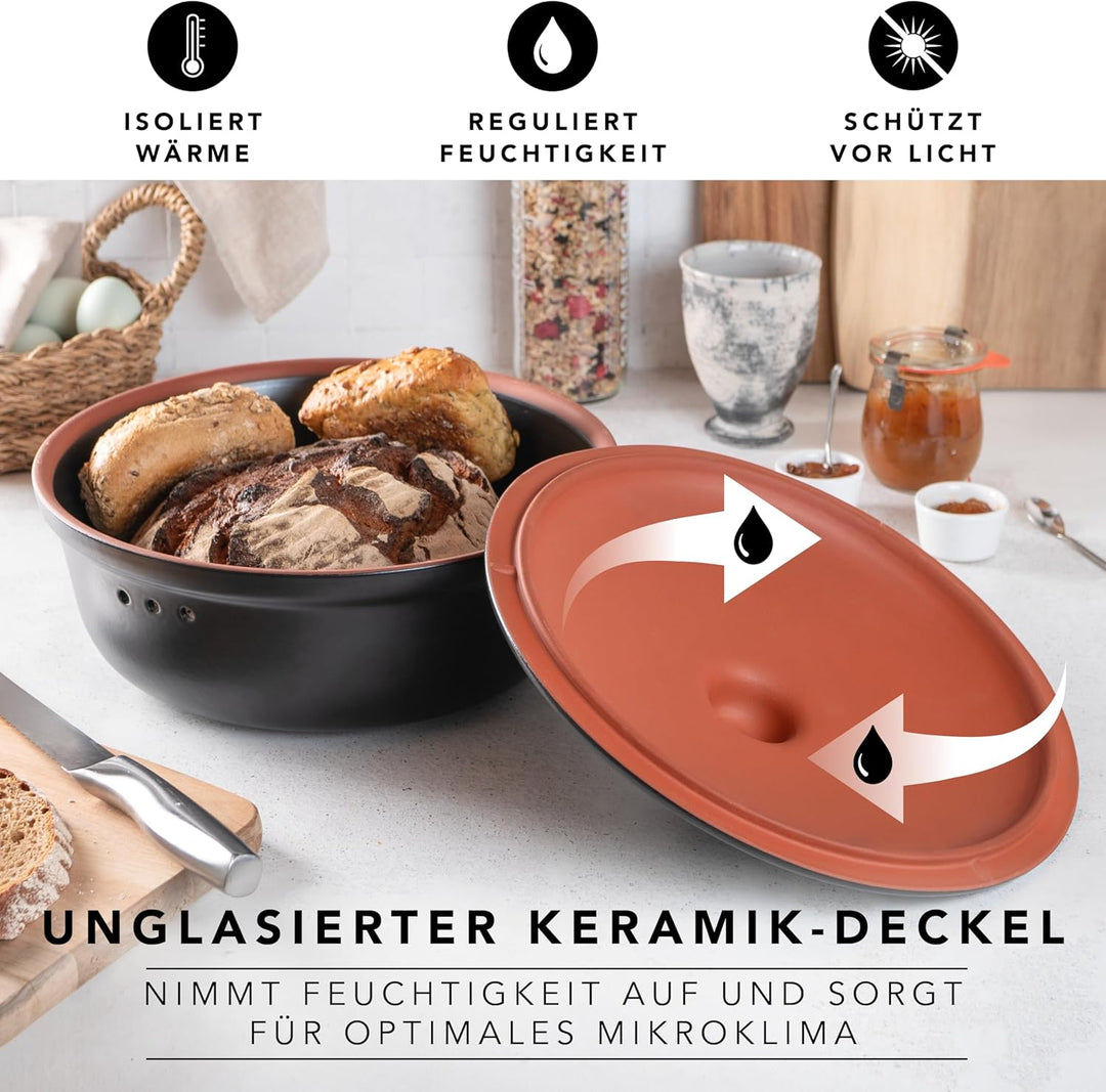 Römertopf Brottopf Rund Ø 30cm - Brotkasten Schwarz aus Keramik - Atmungsaktiver Tontopf für langanh