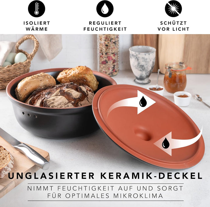 Römertopf Brottopf Rund Ø 30cm - Brotkasten Schwarz aus Keramik - Atmungsaktiver Tontopf für langanh