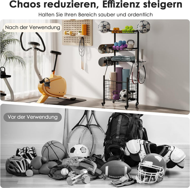 4 Stufige Ballständer, Boxing Regal Sportgeräte Organizer, Ballkorb Aufbewahrungsregal mit Rädern Kö