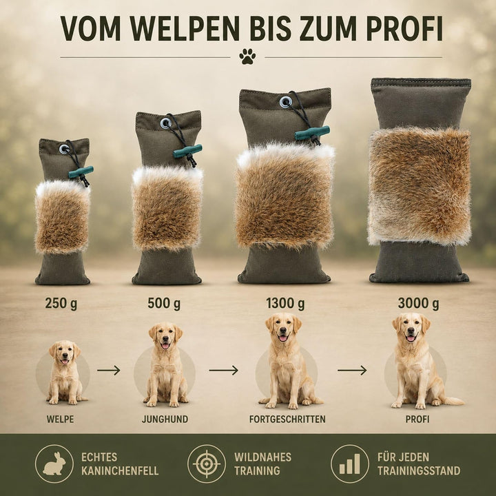Firedog Dummy mit echtem Kaninchenfell - Robustes Wild-Apportel mit 250g Gewicht (auch für Welpen ge