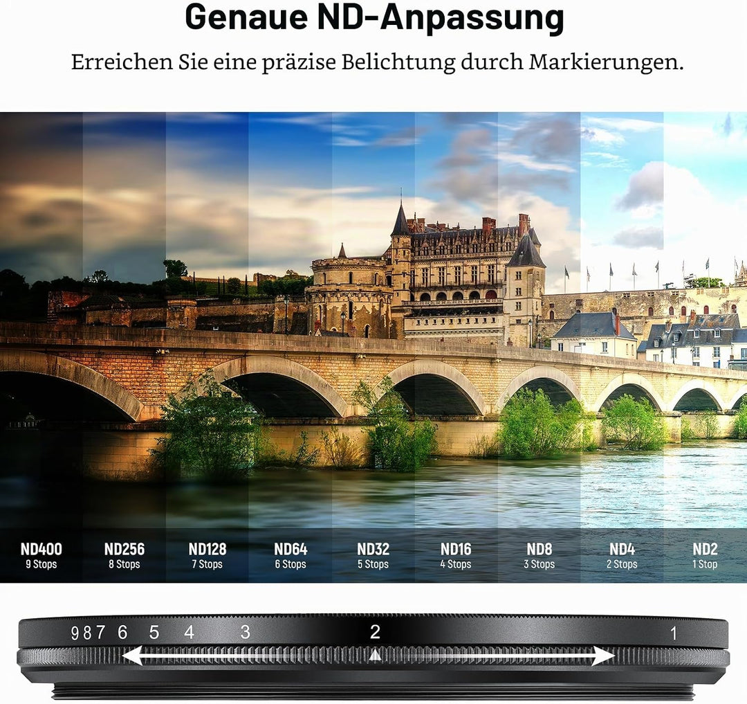NEEWER BASICS 67mm variabler ND Filter, ND2-400 1-9 Stops Lichtreduzierung, drehbarer variabler Grau