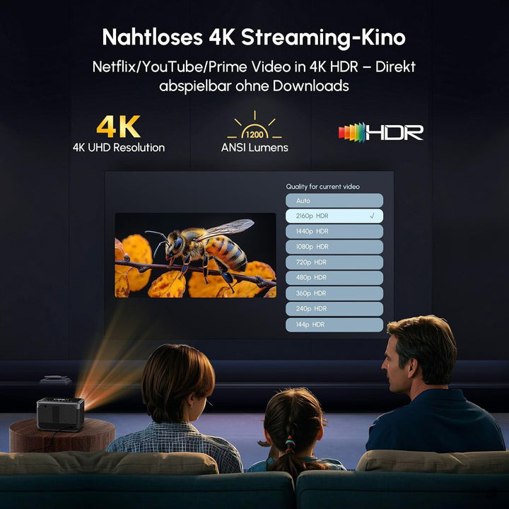 Tragbarer 4K Smart Beamer mit Google TV, 1200 ANSIBeamer Heimkino, MEMC,Dual-Helligkeit Modus, Kurzd