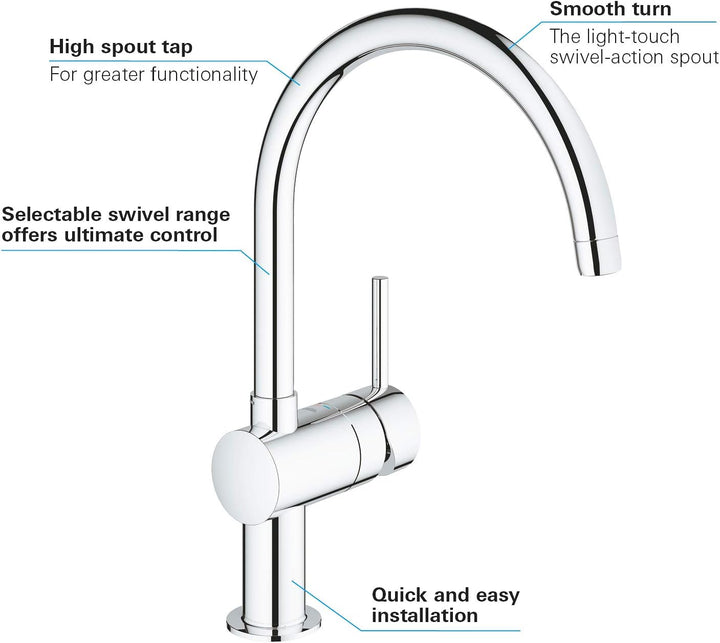 GROHE Minta - Einhand Spültischarmatur (C-Auslauf, Schwenkbereich wählbar: 0° / 150° / 360°, Einloch