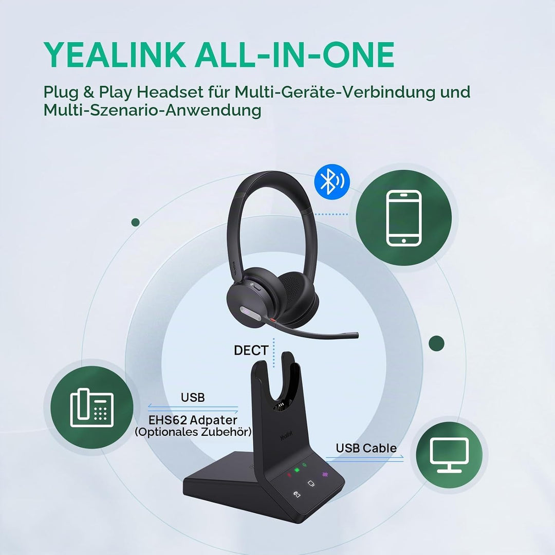 Yealink WH64 Wireless Headset mit Mikrofon,185 m Reichweite DECT &amp; Bluetooth Dual Modus Kabelloses H