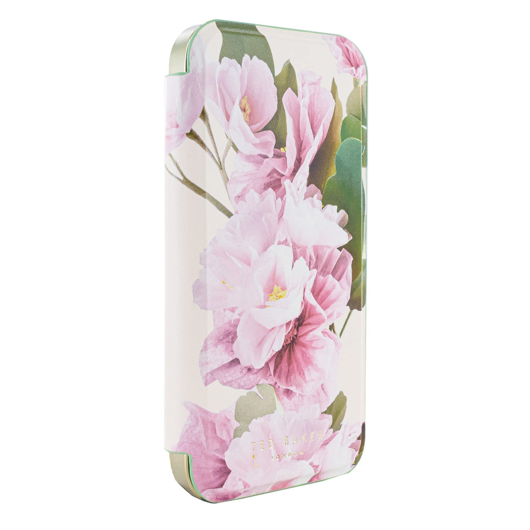 Ted Baker LIRION Cream Flower Placement Mirror Folio Phone Case for iPhone 14 Pro Green Gold Shell,
