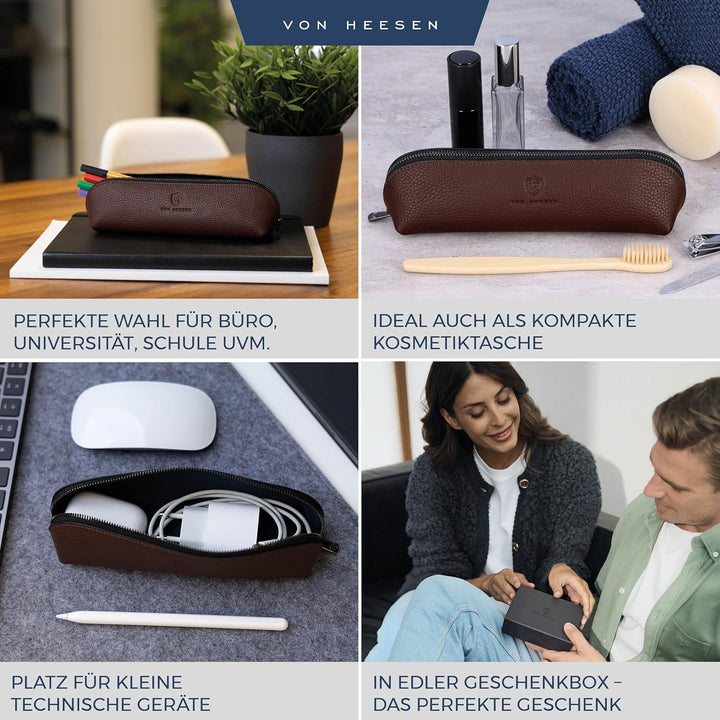 VON HEESEN® Echtleder Federmäppchen Leder Federmappe Etui für Stifte Mäppchen Schule Federtasche Uni