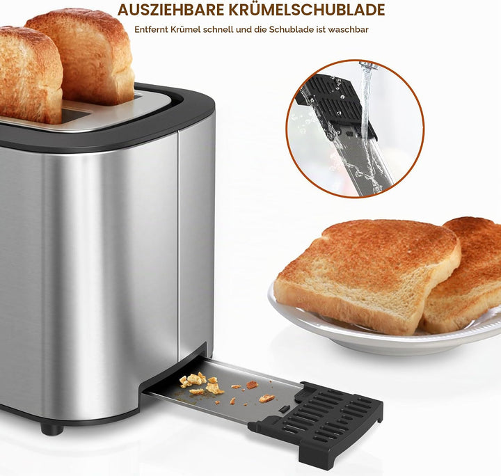 KitchenBoss Toaster 2 Scheiben 870W：Toaster Edelstahl mit Brötchenaufsatz und Krümelschublade, 6 Brä