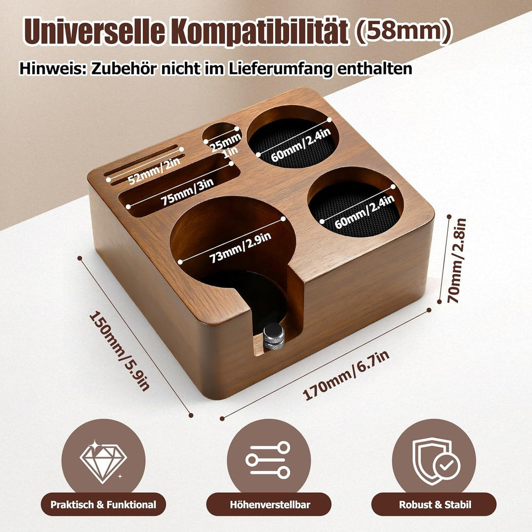 Tamperstation 58mm für Siebträger, Walnussholz Espresso Tamping Station, Tamper Station Barista Kaff