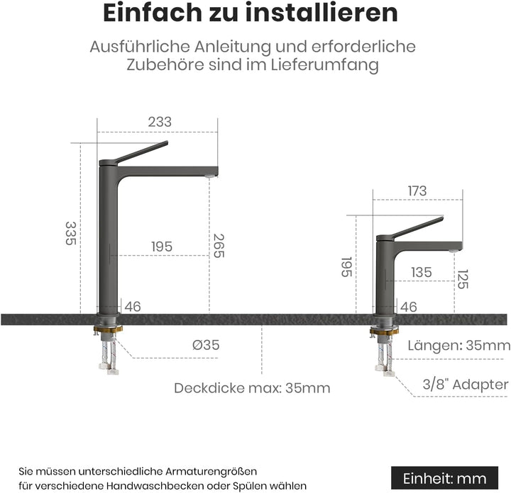 EMKE Wasserhahn Bad Anthrazit Matt, 195 x 173 x 46 mm, Messing, Keramikkartusche, Badarmatur, Mischb