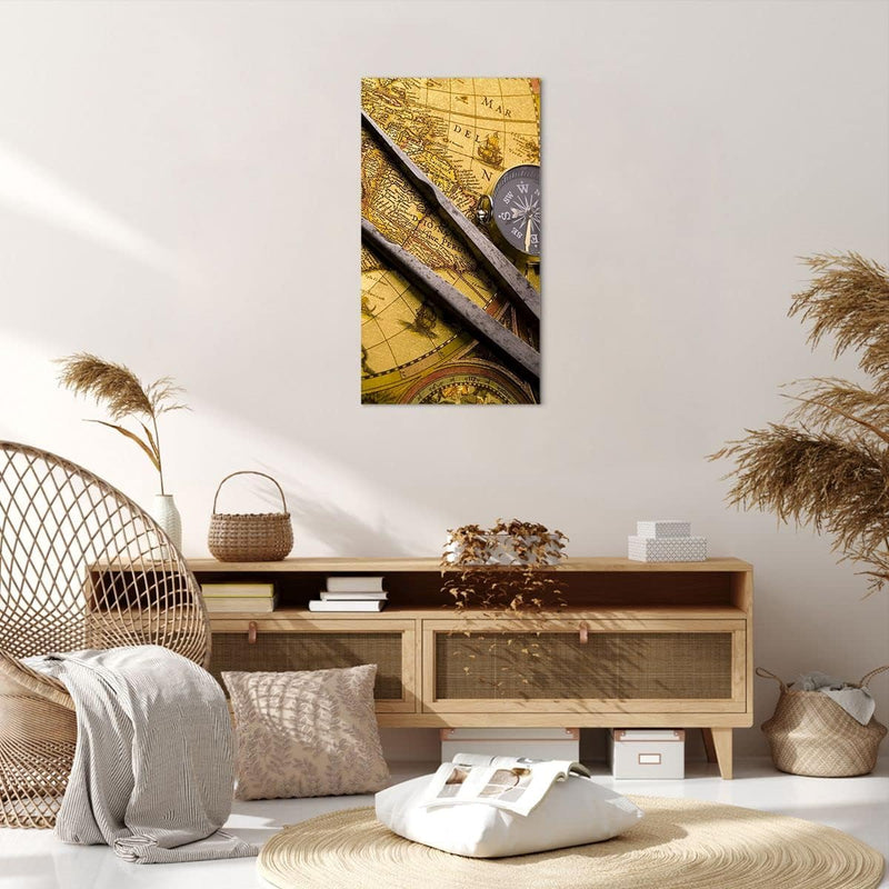 Bilder auf Leinwand 55x100cm Leinwandbild mit Rahmen Kompass Abenteuer Reisen Gross Wanddeko Bild Sc