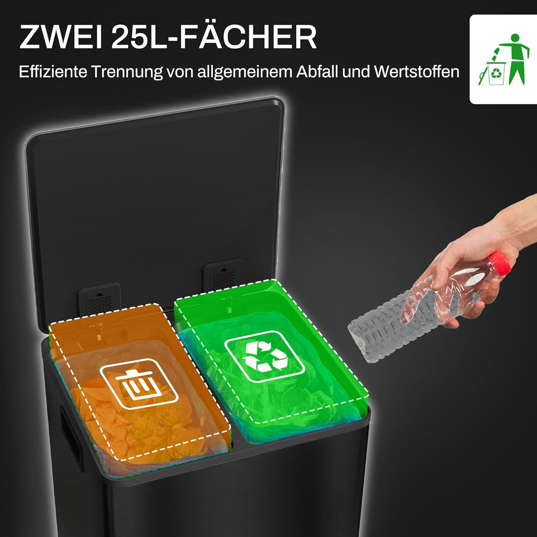 HOMCOM Mülleimer Küche 2x25L Treteimer mit Softclose-Deckel Pedal Fingerabdruckfreie Edelstahl Müllt