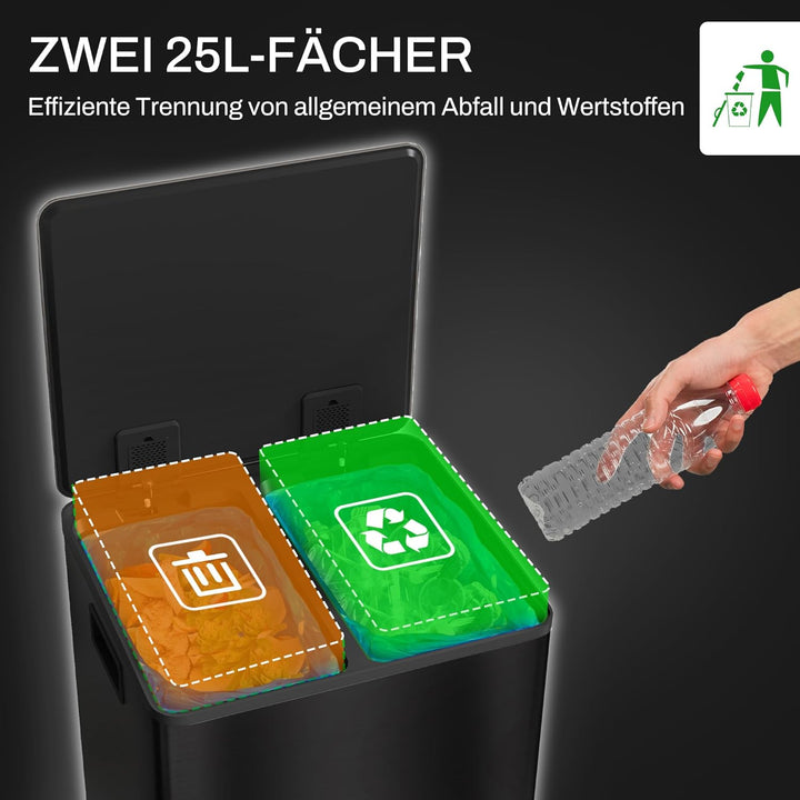 HOMCOM Mülleimer Küche 2x25L Treteimer mit Softclose-Deckel Pedal Fingerabdruckfreie Edelstahl Müllt
