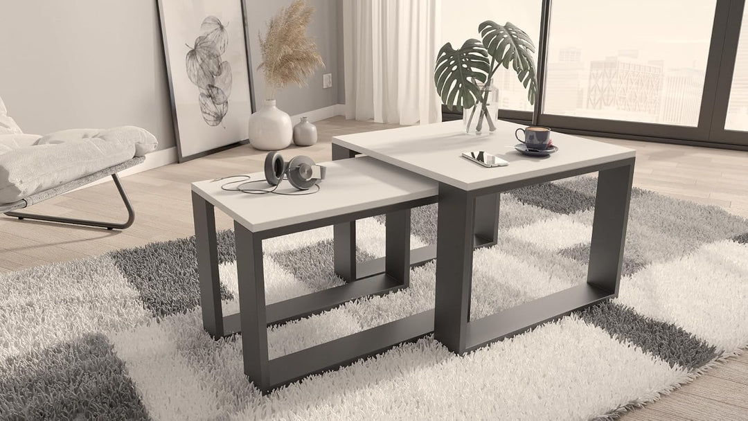 MATKAM Satztisch 2er Set, Couchtisch im Industrie-Stil, hoher Beistelltisch B60 x T60 x H43,3 cm, ni