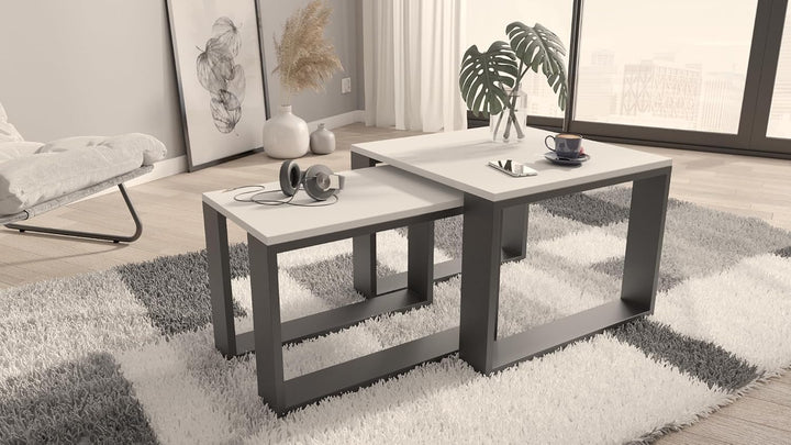 MATKAM Satztisch 2er Set, Couchtisch im Industrie-Stil, hoher Beistelltisch B60 x T60 x H43,3 cm, ni