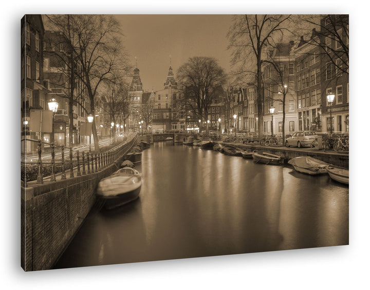 deyoli Kanal in Amsterdam bei Nacht Format: 60x40 Effekt: Sepia als Leinwandbild, Motiv fertig gerah