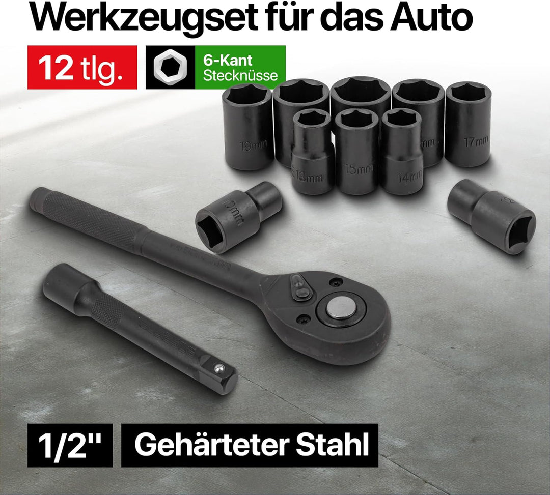 ROCKFORCE 12-tlg. 1/2 Zoll Steckschlüssel-Set mit Ratsche, 6-Kant Stecknüssen 10-24 mm, Verlängerung