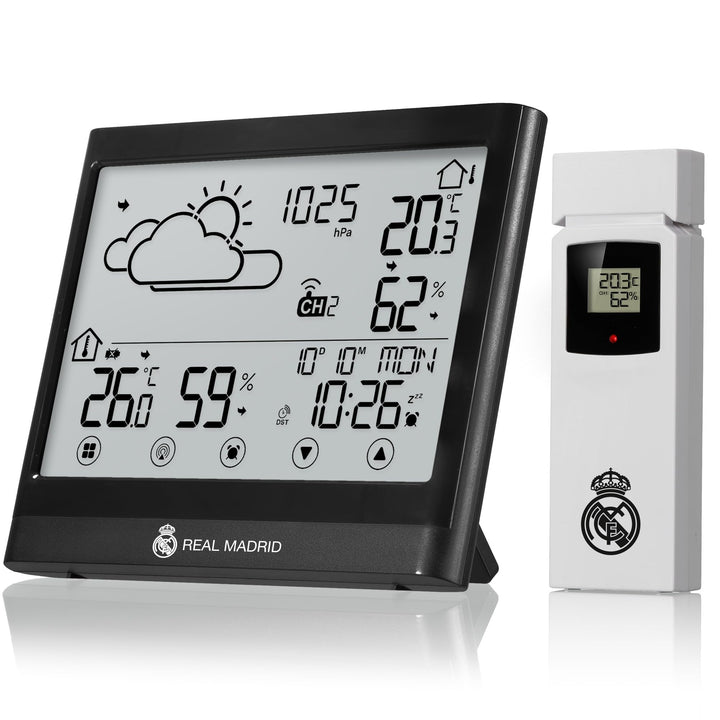 Real Madrid Wetterstation mit Aussensensor, Touch-Display, Frostwarnung, DCF-Signal, Weiss