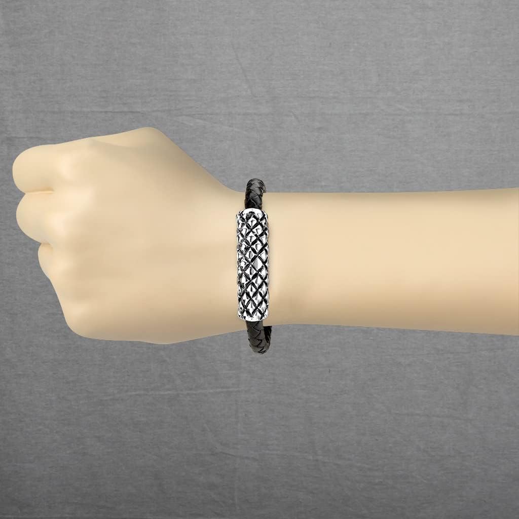 Bungsa Leder-Armband schwarz mit Magnetverschluss & silbernem Rautendesign für Damen & Herren