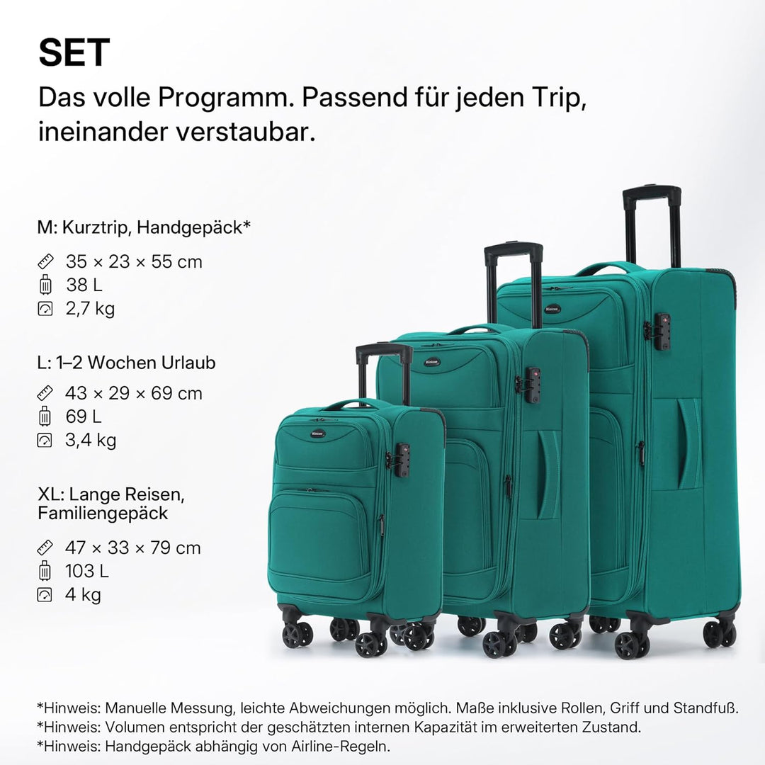 Stoffkoffer erweiterbar mit Frontfächern,15% Extra-Volumen, TSA-Schloss, 360° Doppelrollen & verdeck