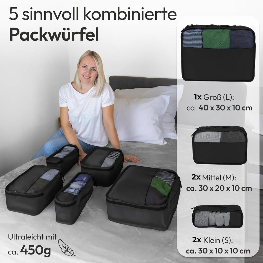 Koffer Organizer Set 5-teilig – Premium Packing Cubes aus robustem Twill mit YKK-Reissverschlüssen –