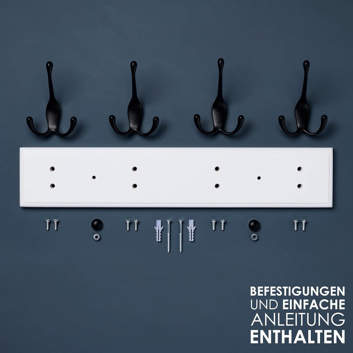 LARHN Garderobenhaken Weiss - Garderobenleiste Weiss mit 4 Haken in Schwarz - 42 cm - Kleiderhaken W