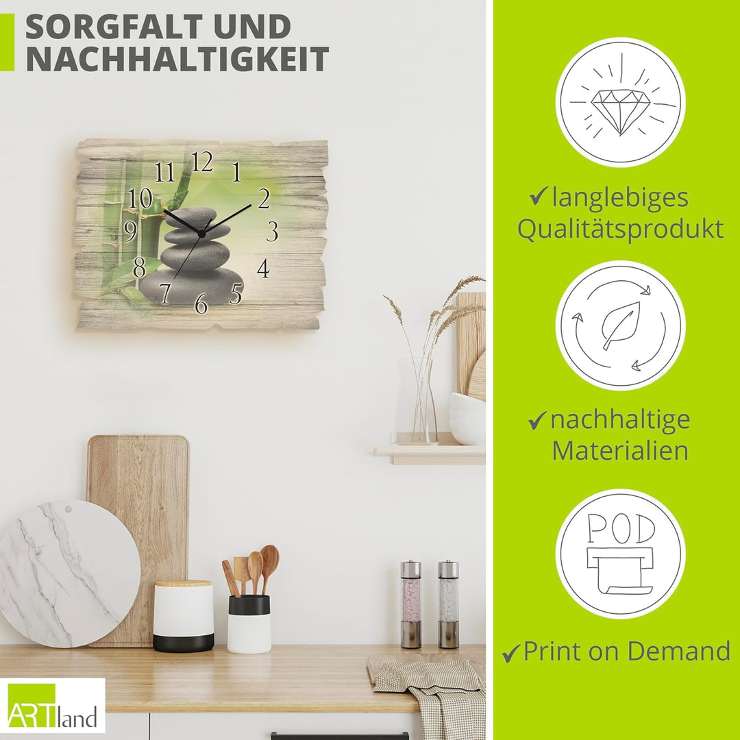 ARTLAND Wanduhr ohne Tickgeräusche aus Holz Quarzuhr 40x30 cm Rechteckig Lautlos Zen Spa Steine Bamb