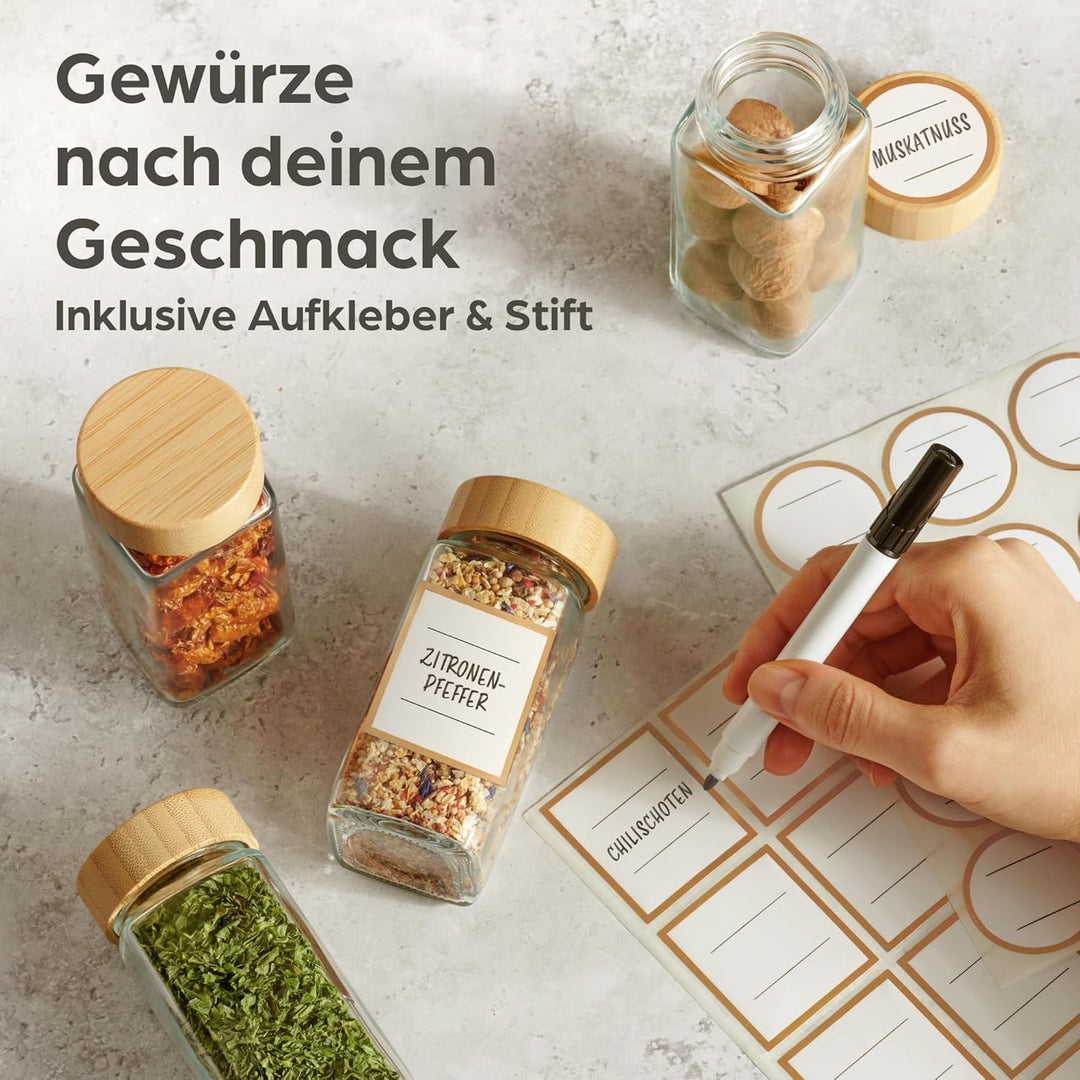 Praknu Gewürzregal mit Gläsern - Gewürzregal aus FSC® Holz - 12er-Set Gewürzgläser eckig mit Bambusd