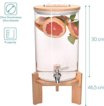 Navaris 7L Getränkespender mit Zapfhahn aus Edelstahl - Glas Wasserspender mit Stand aus Bambus Holz