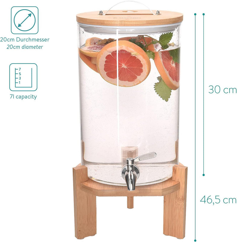 Navaris 7L Getränkespender mit Zapfhahn aus Edelstahl - Glas Wasserspender mit Stand aus Bambus Holz
