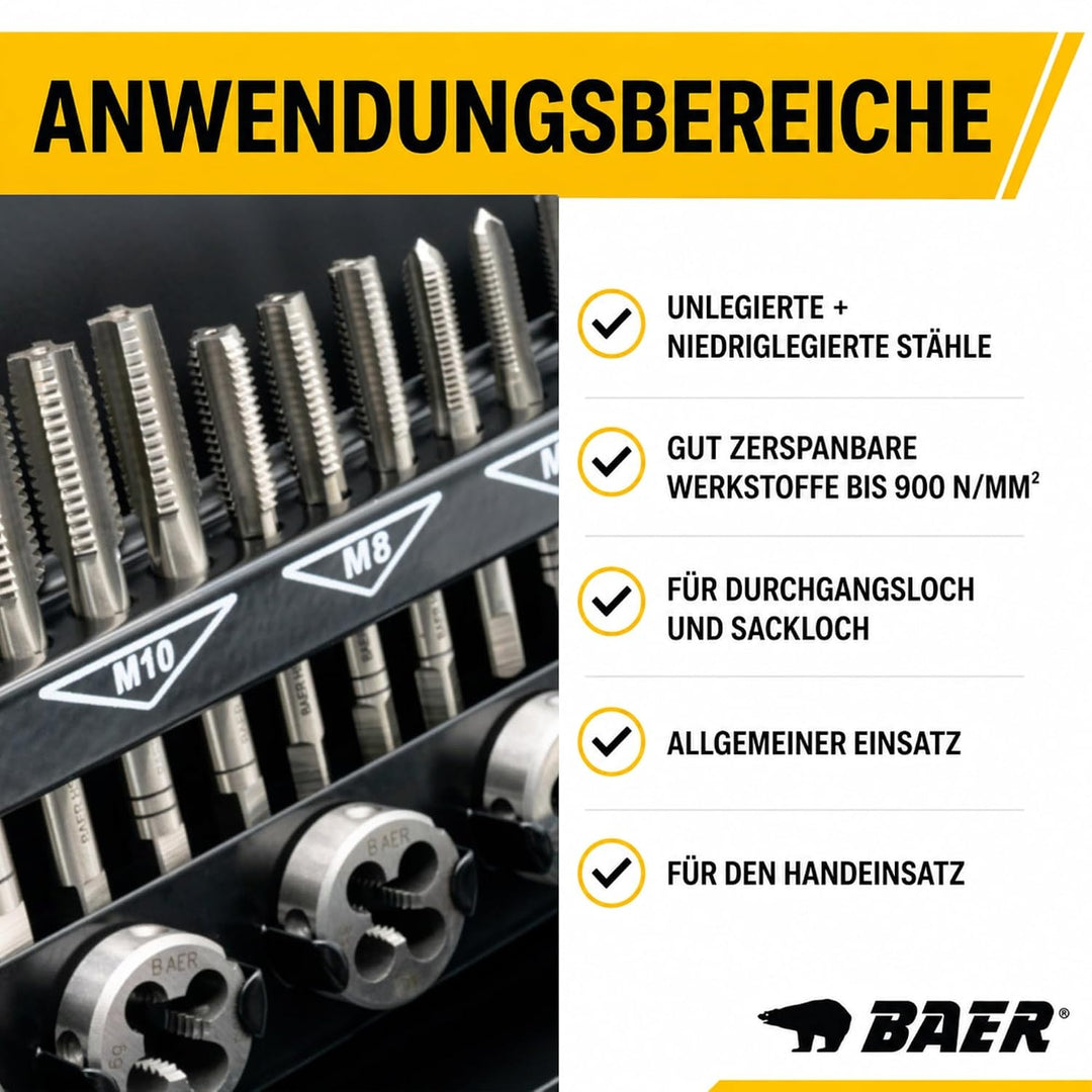 BAER Gewindeschneider Set HSS M3 - M12 - Gewindebohrer - Innengewinde + Aussengewinde - Gewindeschne