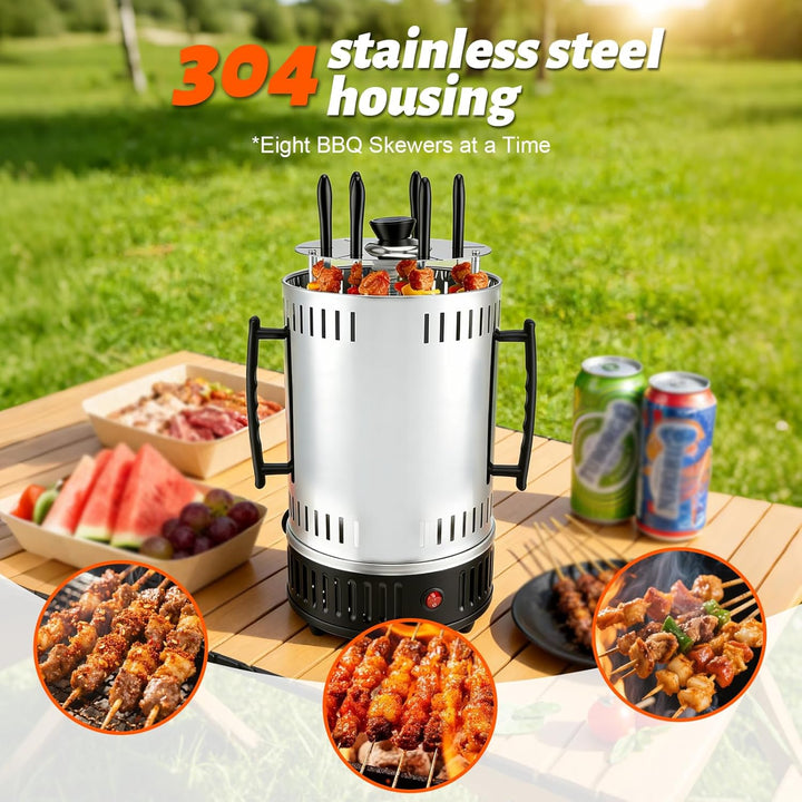 Elektrischer BBQ Tischgrill Vertikalgrill aus Edelstahl, Schaschlikgrill mit 12 Spiessen und 2 Glasr