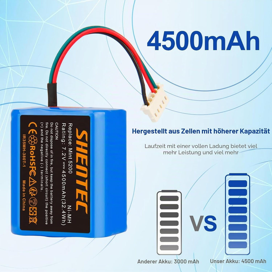 Shentec 7.2V 3500mAh Ni-MH Akku Ersatzakku für iRobot Braava 380 380T 390 390T Mint 5200 5200B 5200C
