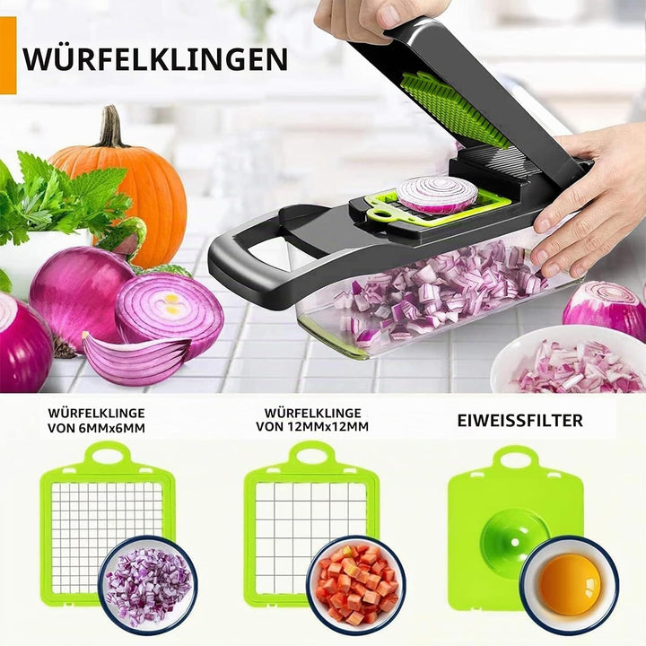 15-in-1 Gemüseschneider Edelstahl | Mandoline mit 7 Klingen | Für Zwiebeln, Kartoffeln, Gurken | Ink