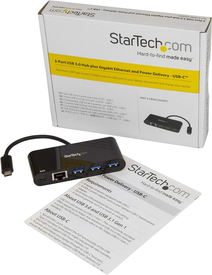 StarTech.com 3 Port USB 3.0 Hub mit Gigabit Ethernet und Stromversorgung - USB Type C Hub mit GbE un