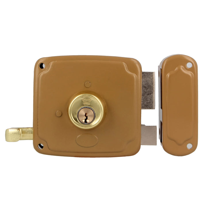 Amig - Aufschraubschloss DIN rechts mit Schliesshebel, Falle und Ziehgriff - Stahl goldfarben - 85 x