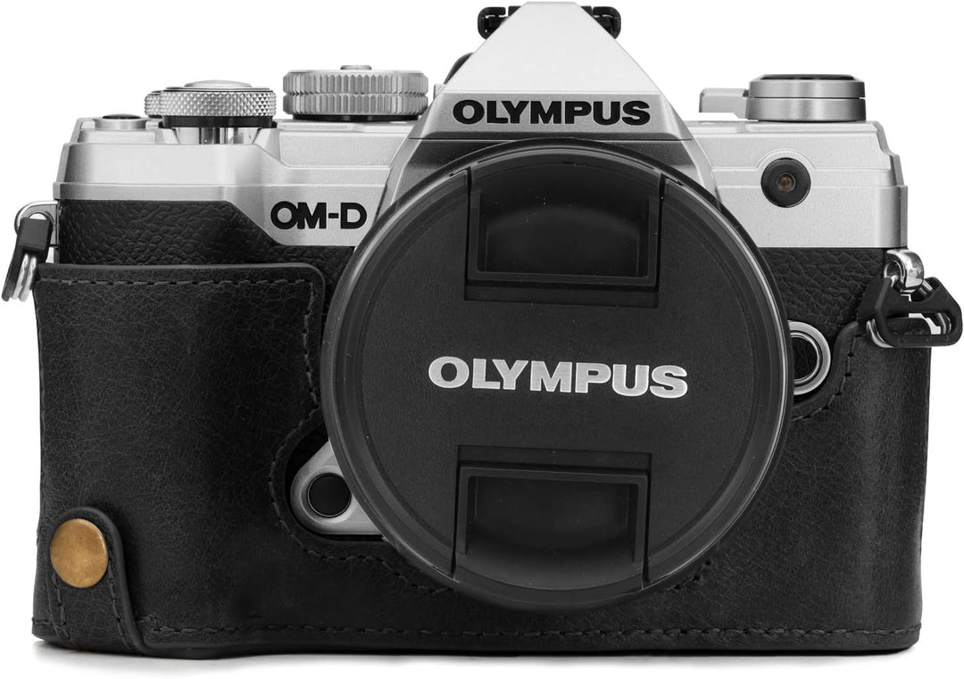 MegaGear MG1864 Ever Ready Kameratasche für Olympus OM-D E-M5 Mark III, Echtleder, Schwarz, Schwarz