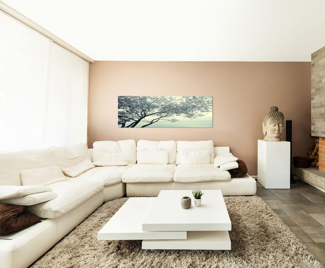 Paul Sinus Art Panoramabild auf Leinwand und Keilrahmen 150x50cm Fluss Baum Nebel Nacht Sterne