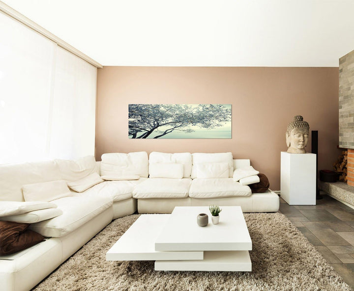 Paul Sinus Art Panoramabild auf Leinwand und Keilrahmen 150x50cm Fluss Baum Nebel Nacht Sterne