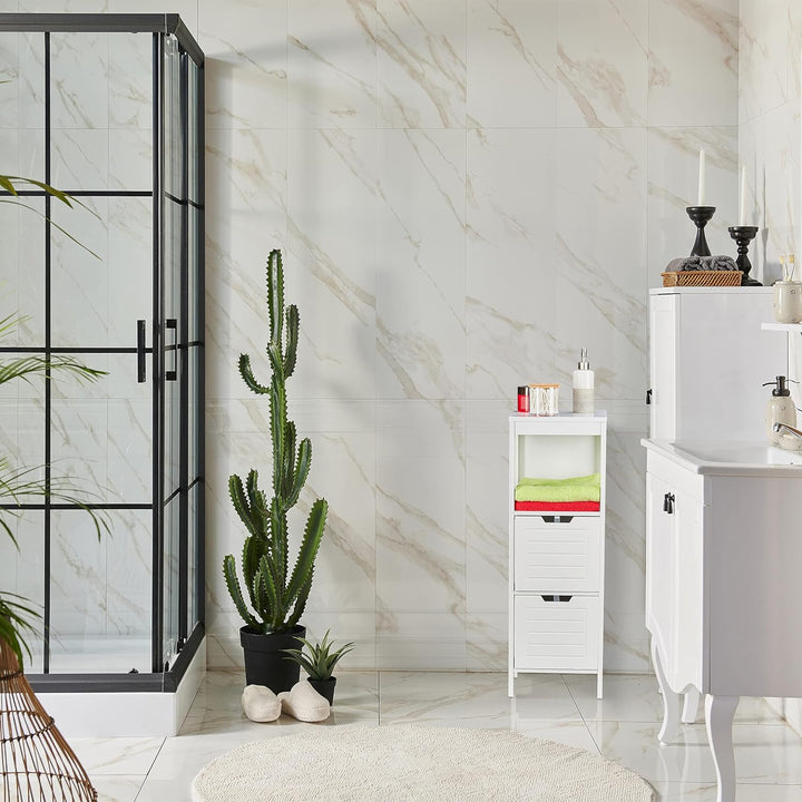 Relaxdays Badezimmerschrank, Landhausstil, HBT: 90 x 30 x 30 cm, 2 Schubladen, 1 Ablage, freistehend