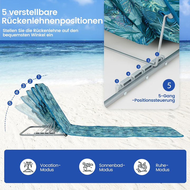 COSTWAY 2er Set Strandmatte mit Beistelltisch, Kopfkissen & Staufach, Liegematte mit Verstellbarer R