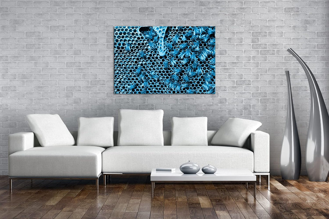 deyoli atemberaubende Honigwabe mit Bienen Format 80x60 Effekt: Monocrome Blau als Leinwandbild, Mot