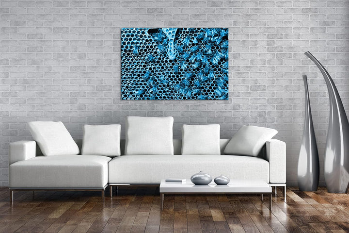 deyoli atemberaubende Honigwabe mit Bienen Format 80x60 Effekt: Monocrome Blau als Leinwandbild, Mot