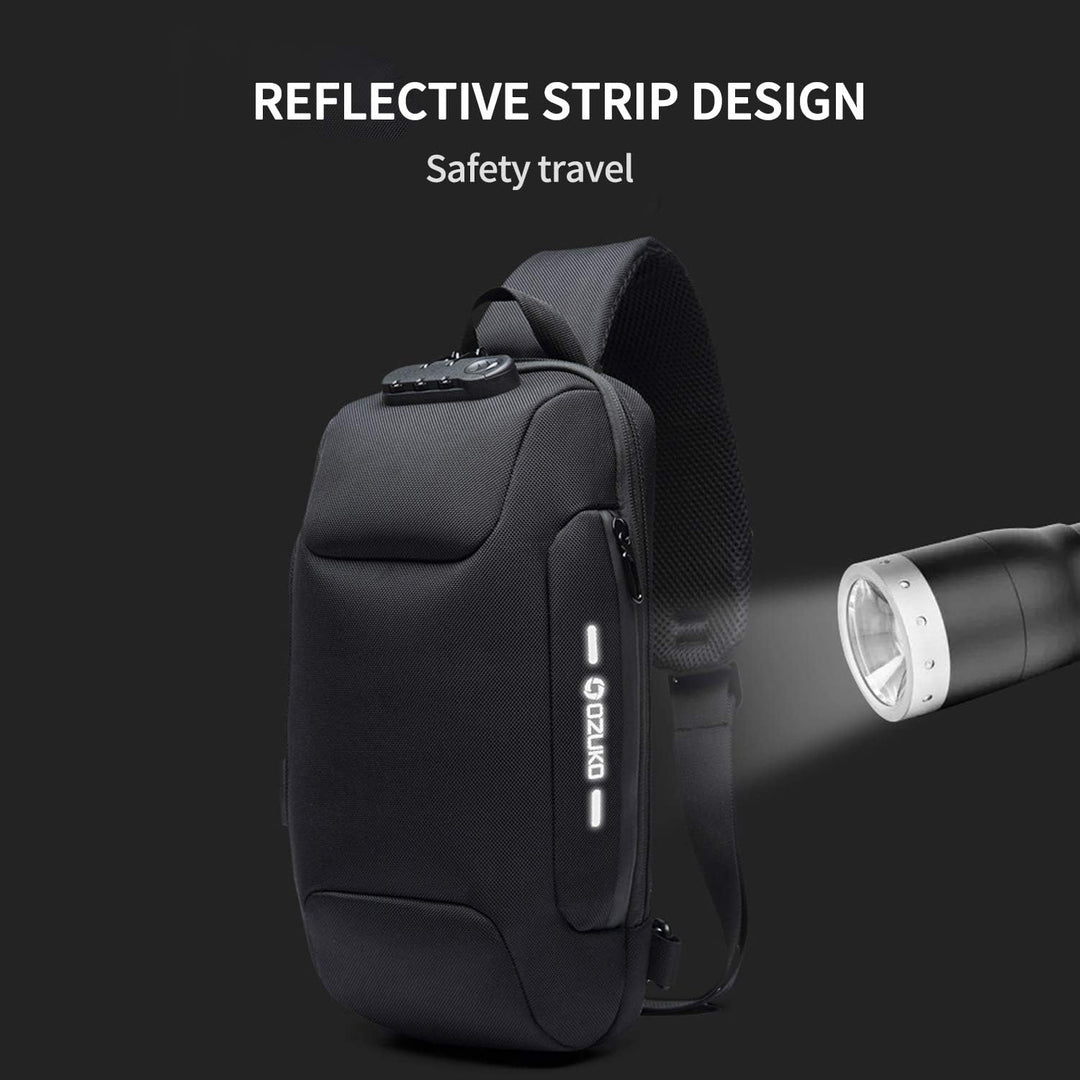 FANDARE Neu Herren Schultertasche Brusttasche mit Passwortschloss, USB, Reflektierende Streifen Umhä