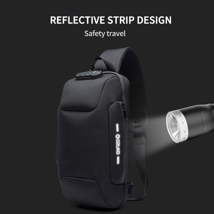 FANDARE Neu Herren Schultertasche Brusttasche mit Passwortschloss, USB, Reflektierende Streifen Umhä
