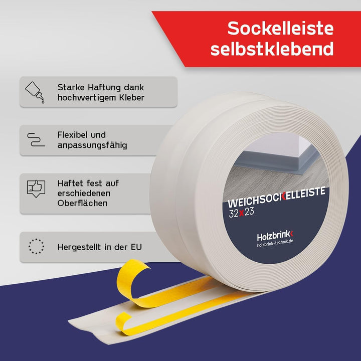 HOLZBRINK Weichsockelleiste selbstklebend PVC 32x23mm, 15 m | Küchenleiste Arbeitsplatte | Abschluss
