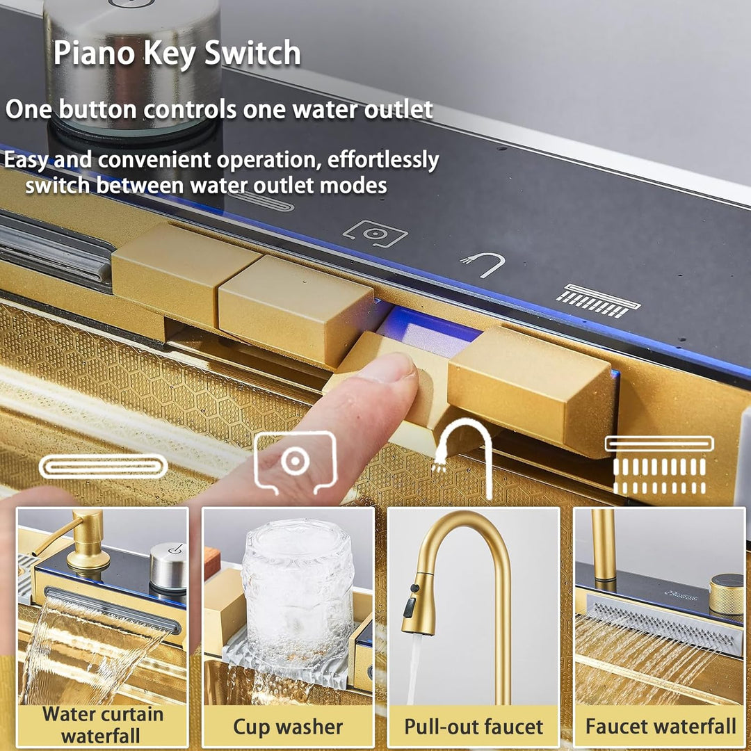 Multifunktionale Digitale Küchenspüle, Wasserfallspüle aus Edelstahl 304, mit 5 Wasserauslassmodi, W